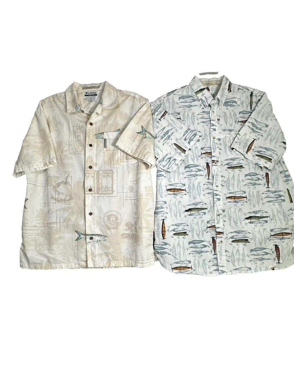 Two Columbia River Lodge Men's Fish Designs Graphic Short Sleeve Casual Shirts M